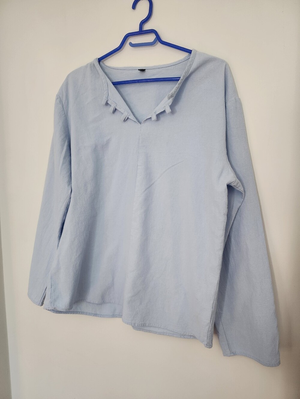 Baby Blue Cotton Linen Peasant Top – Size M/L | Loose Fit Long Sleeve, Boho